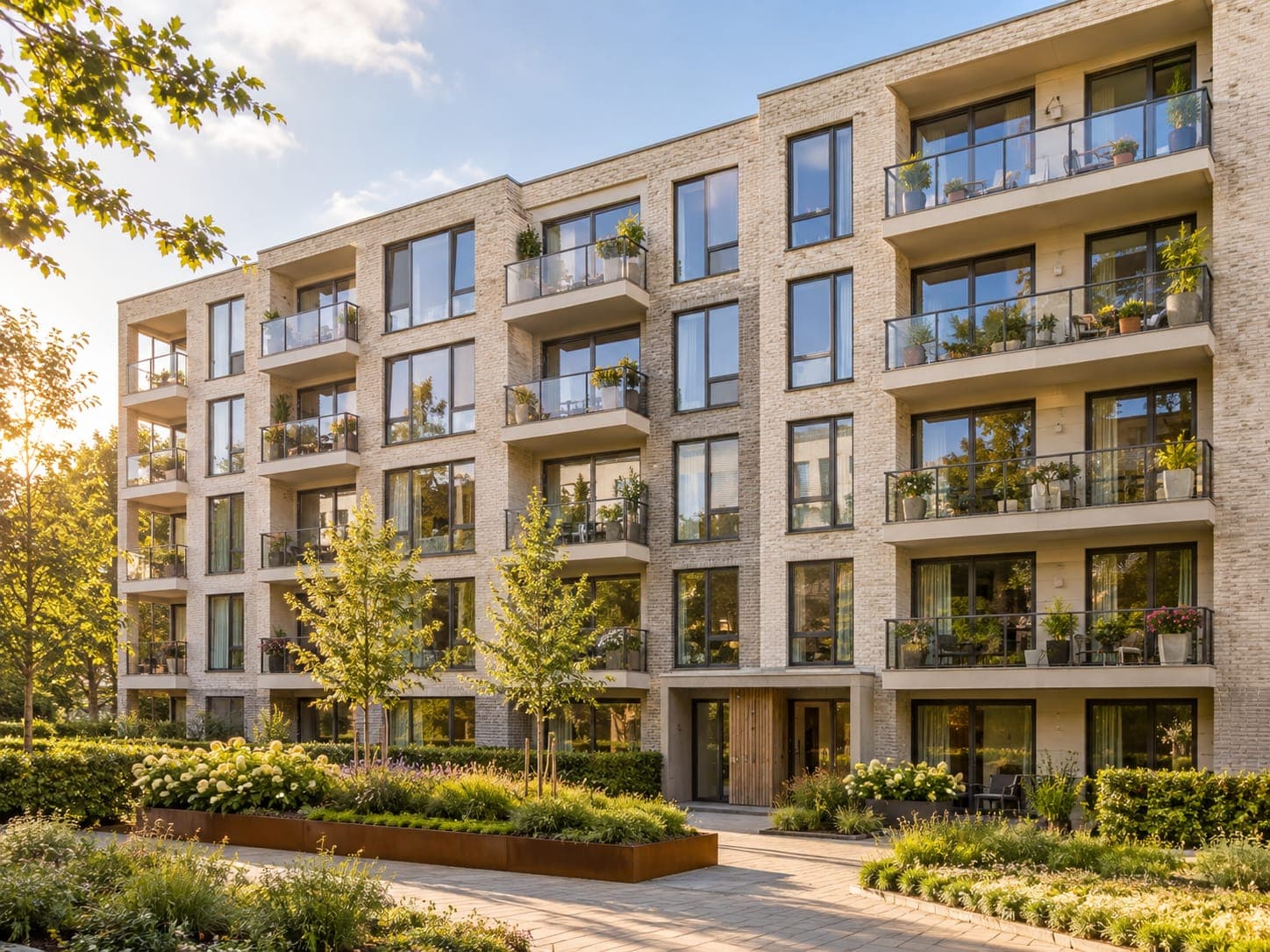 Appartementengebouw met balkons en een groene binnentuin