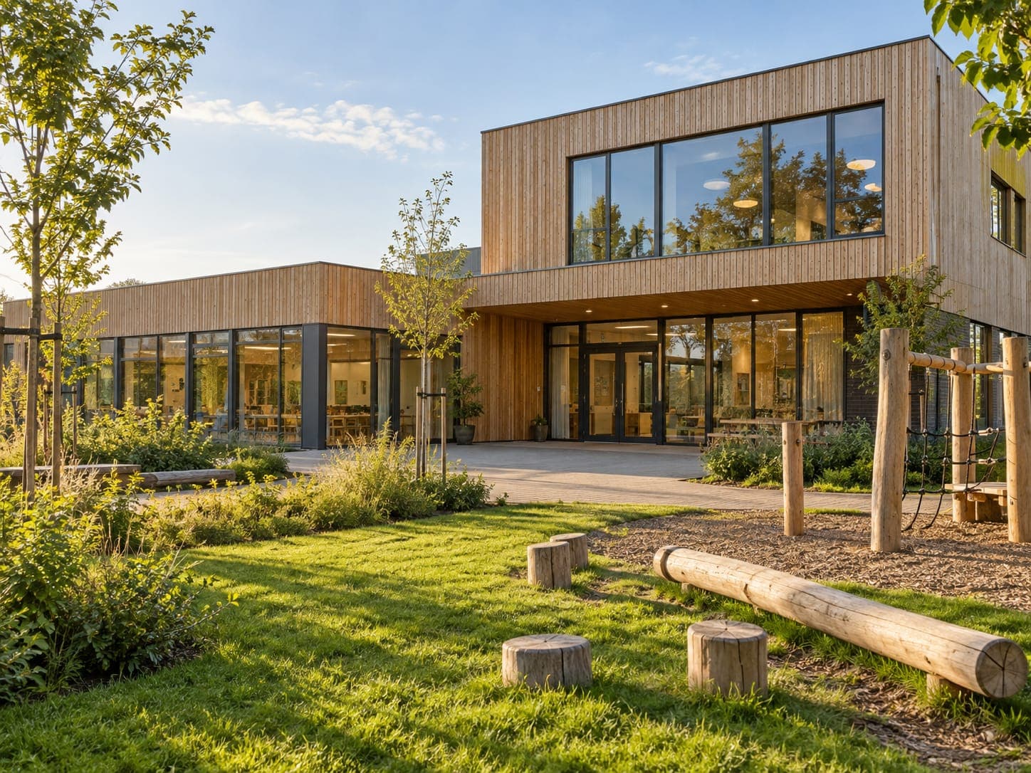 Basisschool met houten gevel en een groen speelplein