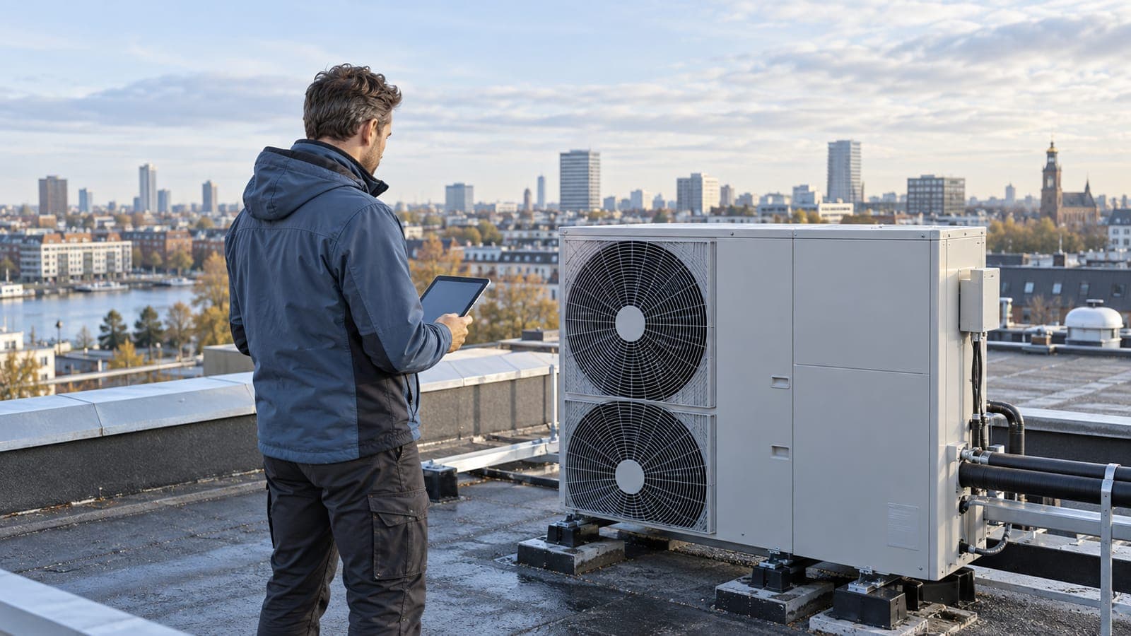 Technisch beheerder controleert een warmtepomp op een plat dak