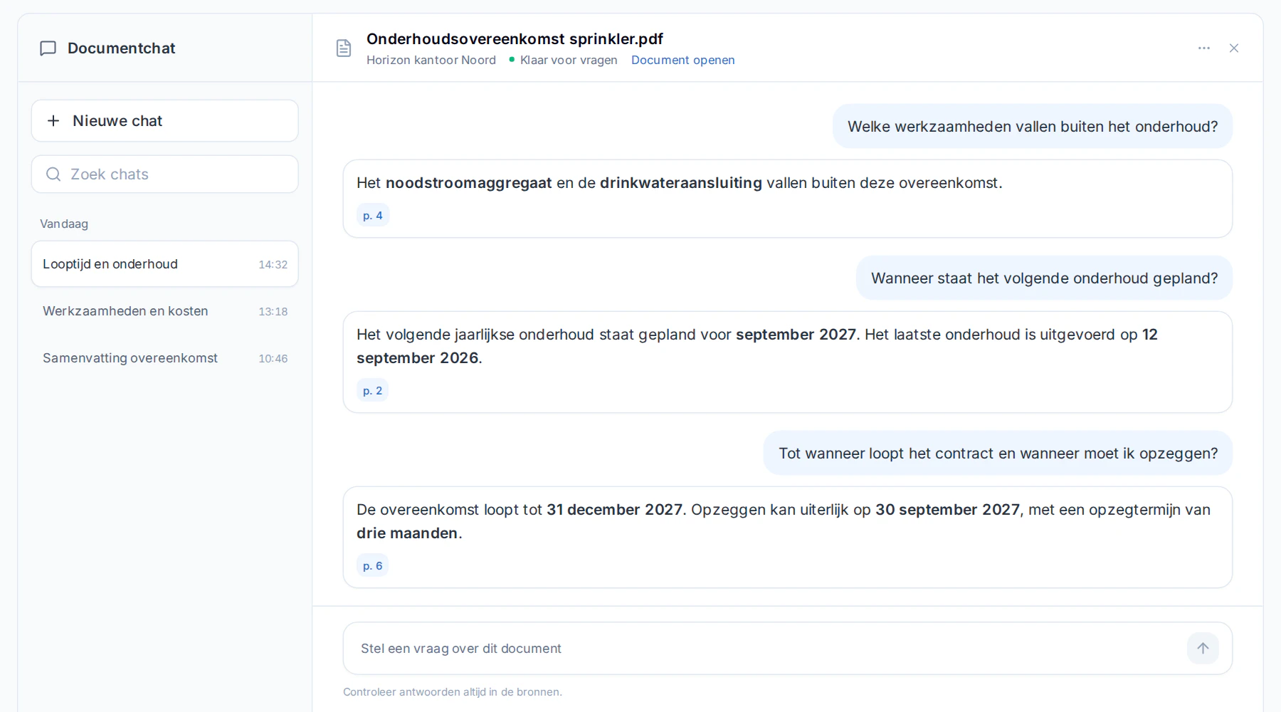 Documentchat in Naxerio: vragen over een onderhoudsovereenkomst met antwoorden en de pagina waar het staat