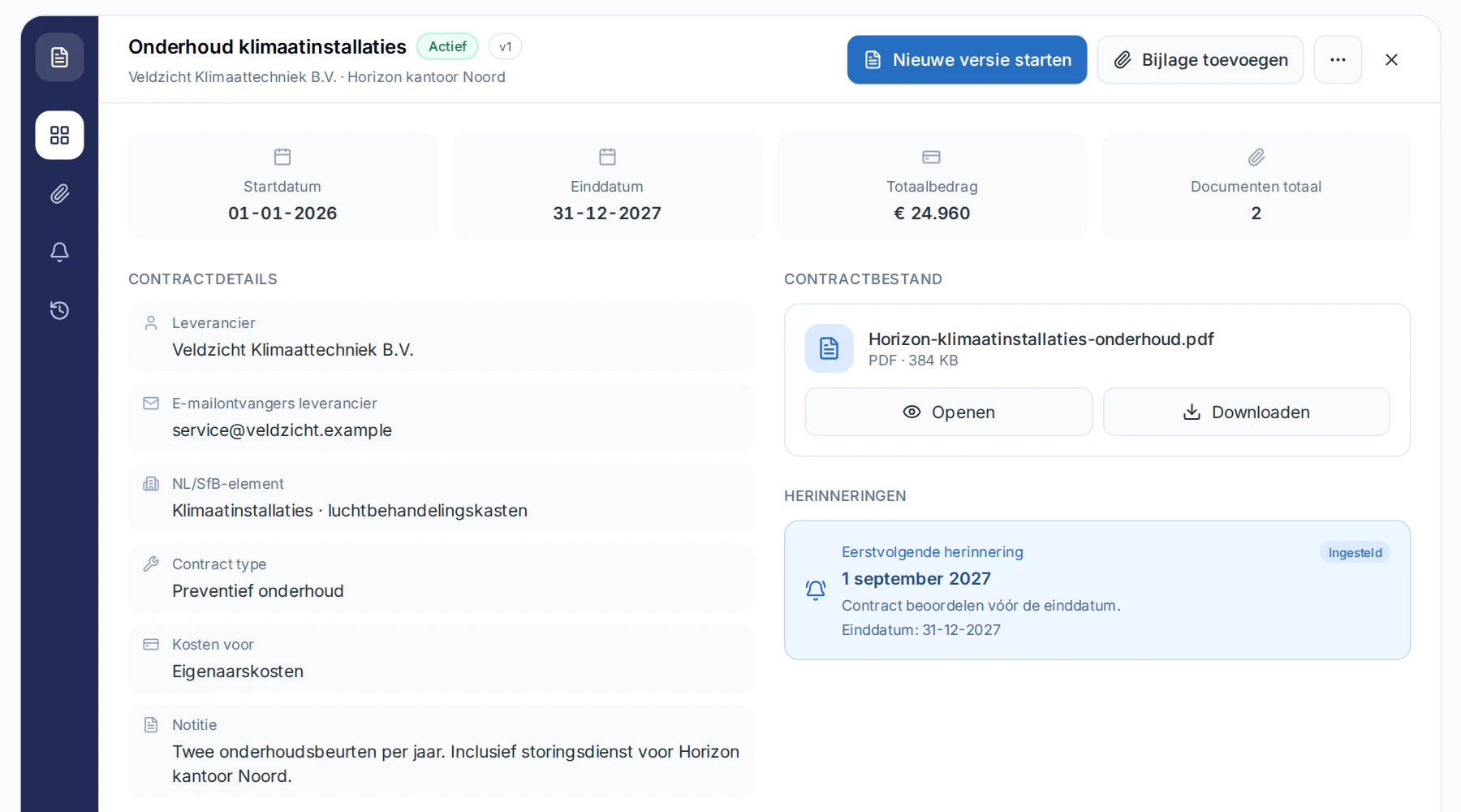 Onderhoudscontract in Naxerio: leverancier, looptijd, totaalbedrag, het contractbestand en een herinnering voor de einddatum