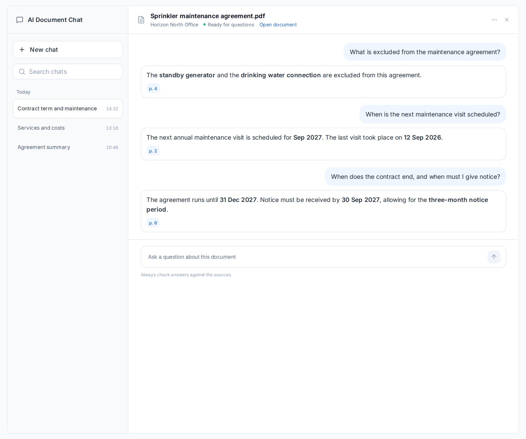 Document chat in Naxerio: questions about a maintenance agreement, with answers and the page where each answer is found