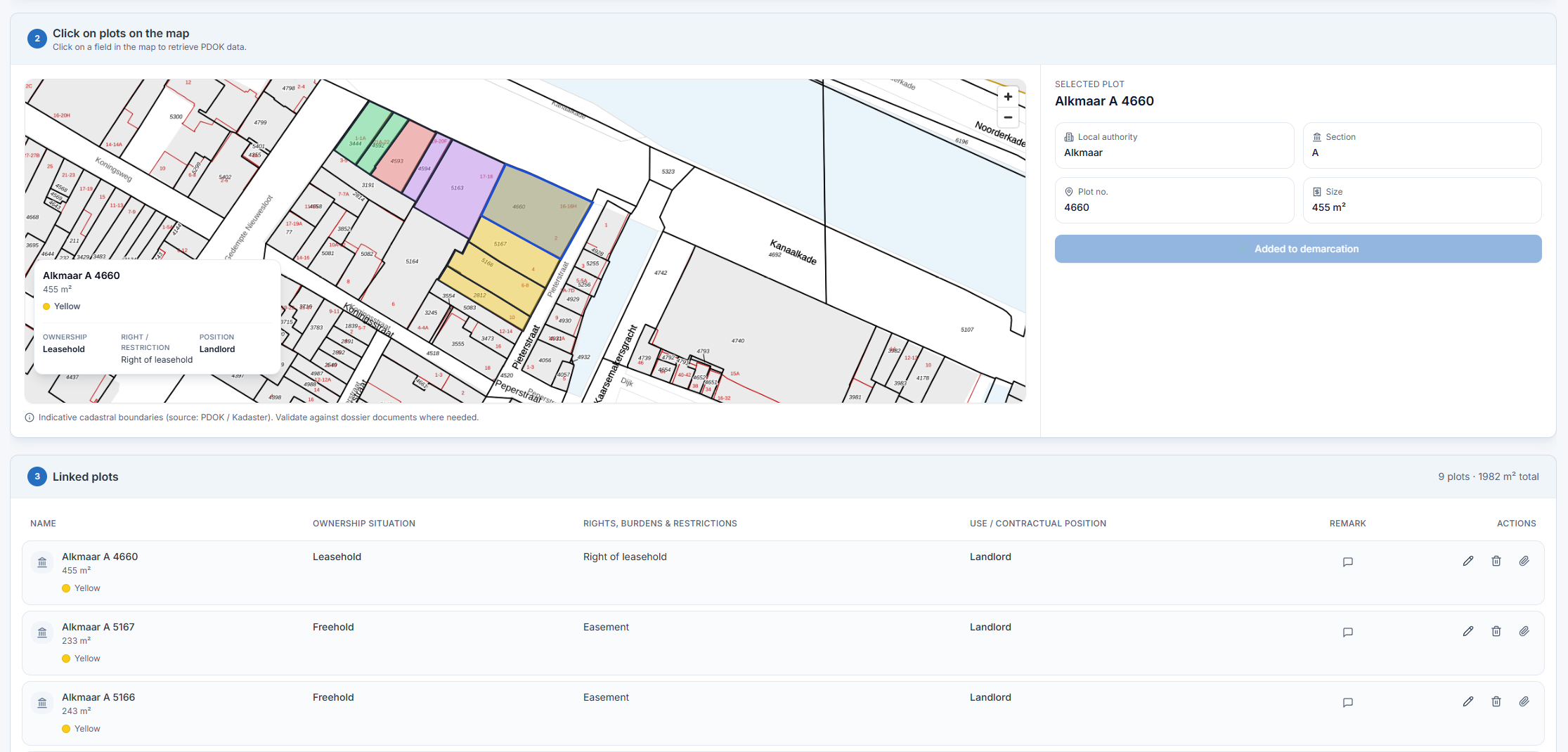Demarcation in Naxerio: plots on the land registry map with ownership, rights and the landlord's position