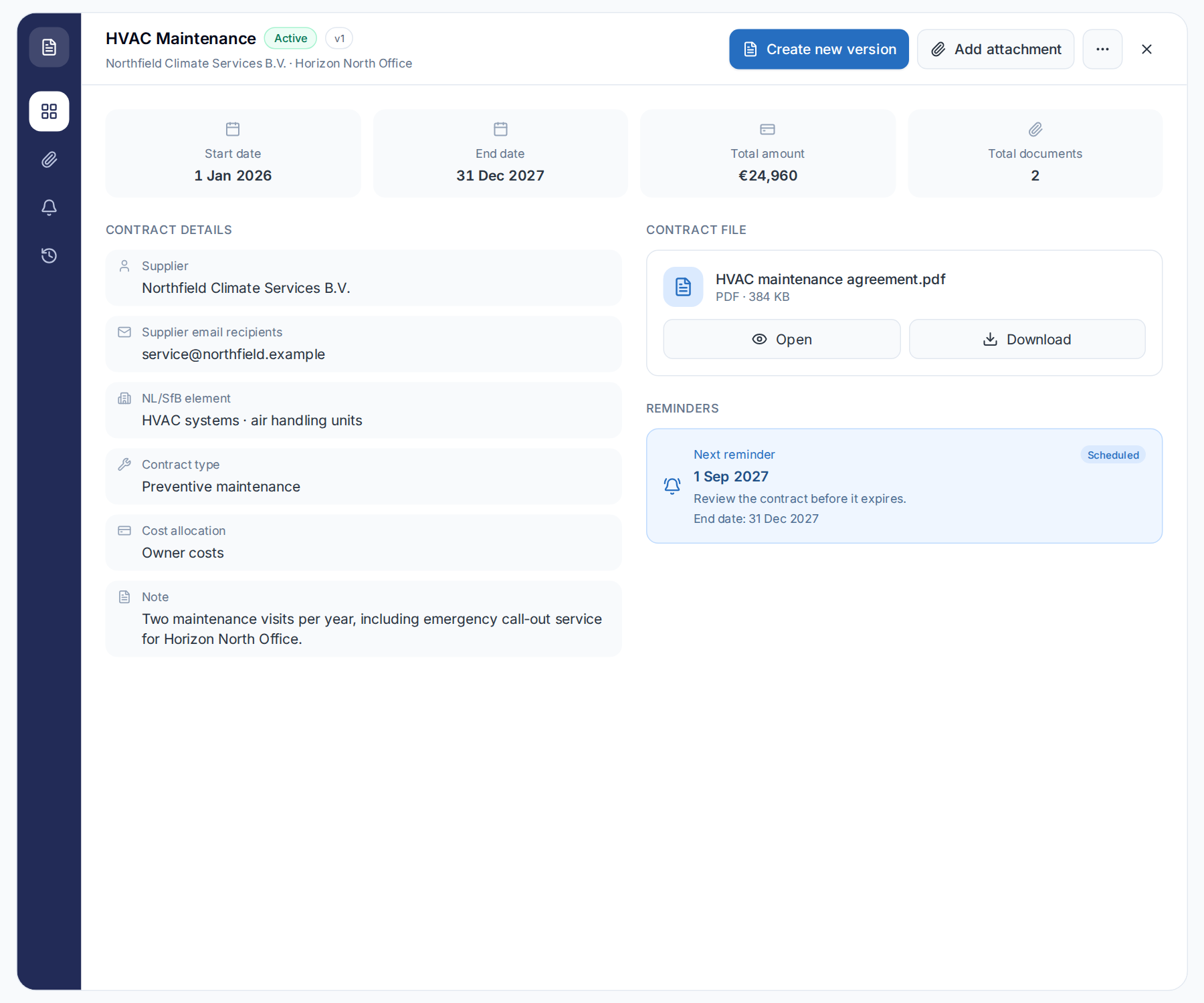 Maintenance contract in Naxerio: supplier, term, total amount, the contract file and a reminder for the end date